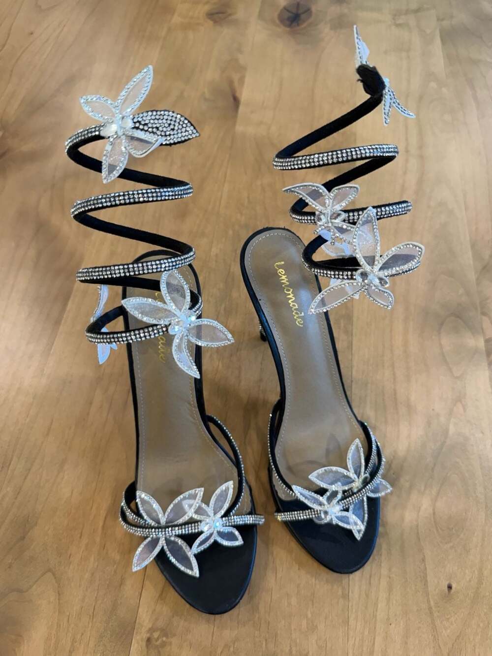 Lemonade Fantasy Black Diamante Butterfly Spiral Wrap Stiletto Sandals Sz 11